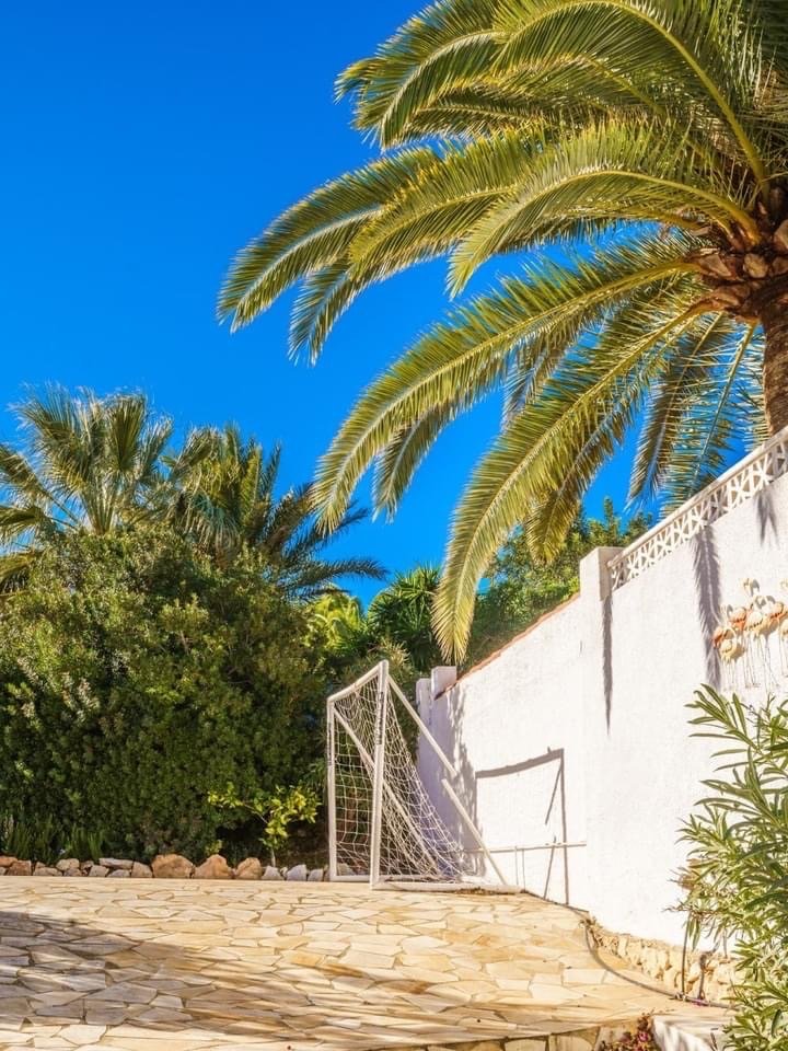 Tuin met voetbaldoel en palmbomen